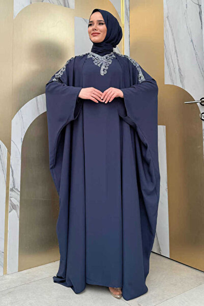 Bym Fashion Stone Embroidered Dressed Abaya Suit 8499 Navy Blue