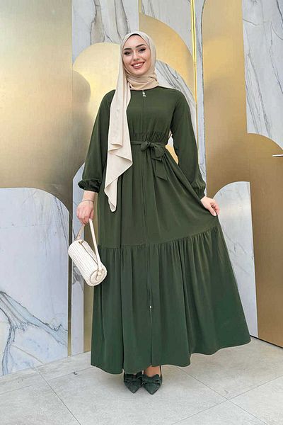 Bym Fashion Φόρεμα με μανίκια με φερμουάρ Ελαστικό βολάν 6001 Χακί