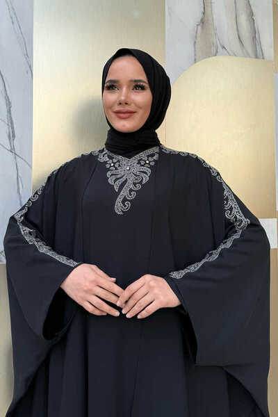 Bym Fashion Stone Embroidered Dressed Abaya Suit 8499 Black