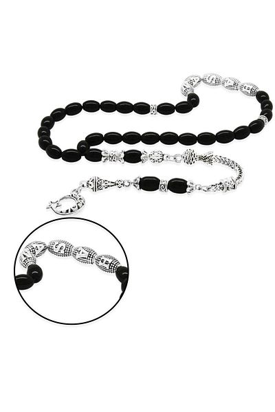 Tesbihane Non-Tarnish Metal Tasseled Barley Cut Metal Name Written Onyx Natural Stone Rosary
