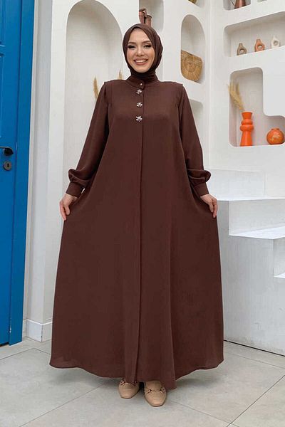 Bym Fashion Buttoned Jewelled Detailed Dress 7903 Brown