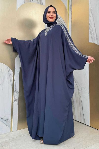 Bym Fashion Πέτρινη Κεντημένη Ντυμένη Abaya Κοστούμι 8499 Navy Blue