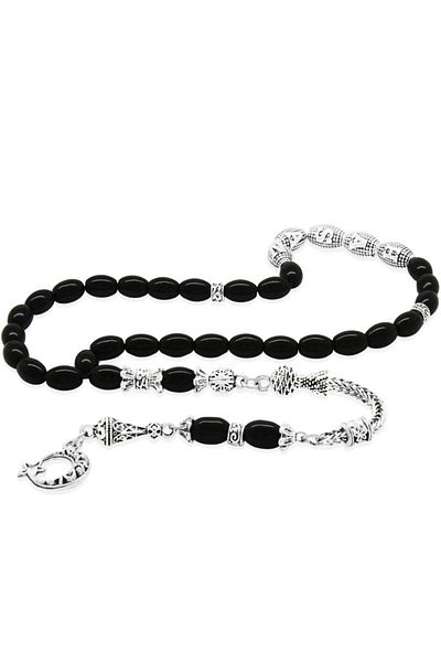 Tesbihane Non-Tarnish Metal Tasseled Barley Cut Metal Name Written Onyx Natural Stone Rosary