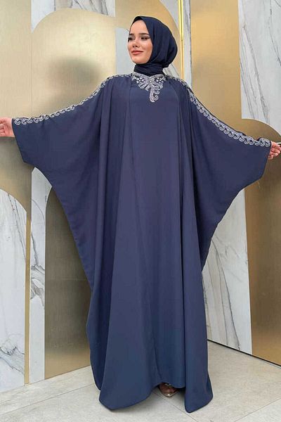 Bym Fashion Πέτρινη Κεντημένη Ντυμένη Abaya Κοστούμι 8499 Navy Blue