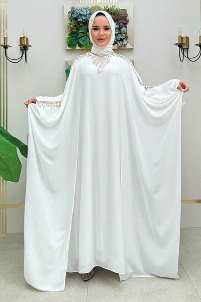 Bym Fashion Κοστούμι Abaya 8499 Εκρού με Κεντητό Πέτρα