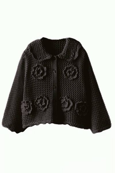Minigimin Cicileri Cardigan cu nasturi pentru tricotaje florale pentru copilul meu - negru