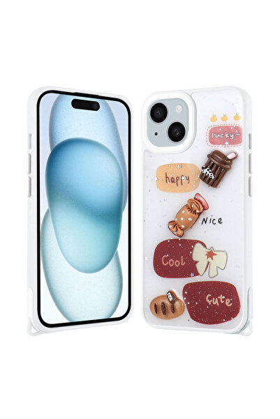 UnDePlus Apple iPhone 15 Kılıf Kabartma Figürlü Parlayan Sıvılı Simli Cevze K...