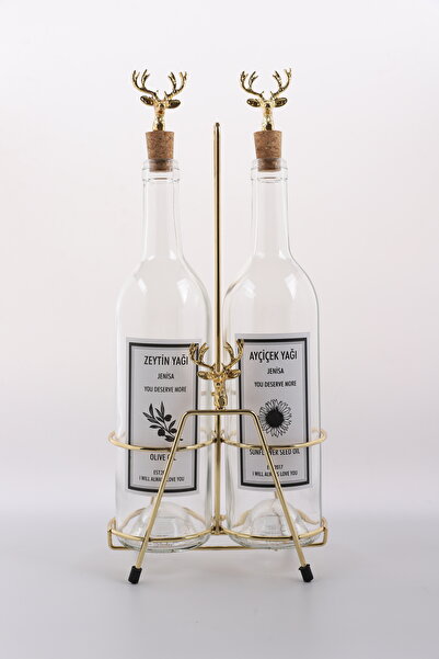 Jenisa Transparent Bottle Oil Pot with Gold Color Deer Accessory and Gold Stand Deer Cork Stopper
