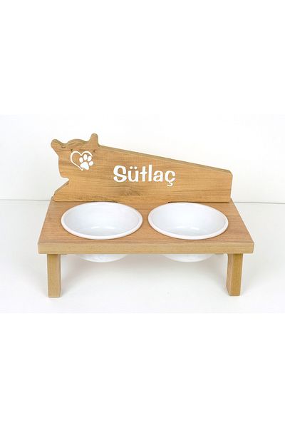 RealWood Wooden Cat-Dog Food and Water Stand with 2*400ml Ceramic Bowls, Custom Name
