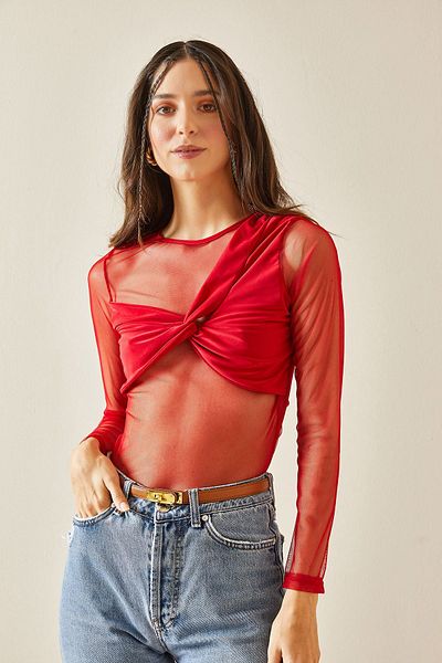 XHAN Red Crew Neck Knotted Transparent Blouse 5YXK2-48368-04