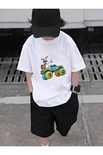 MORNİNG KİDS Tricou din bumbac pieptănat alb cu imprimeu mașină iepure pentru...