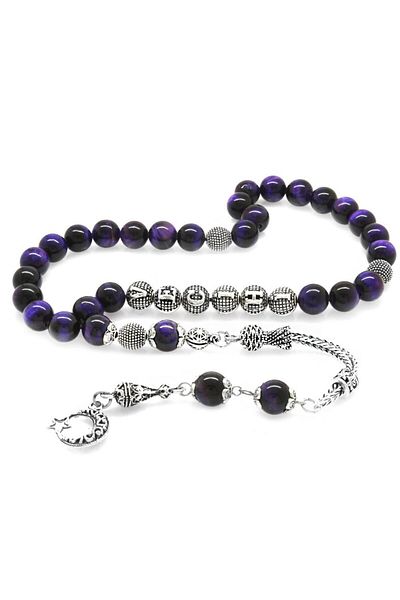 Tesbihane Non-Tarnish Metal Tasseled Globe Cut Purple Turtle Eye Natural Stone Rosary