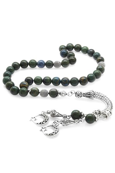 Tesbihane Non-Tarnish Metal Crescent and Star Tasseled Globe Cut Blood Stone Natural Stone Rosary