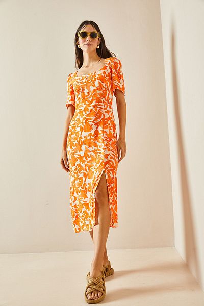 XHAN Orange U Collar Patterned Dress 5YXK6-48395-11