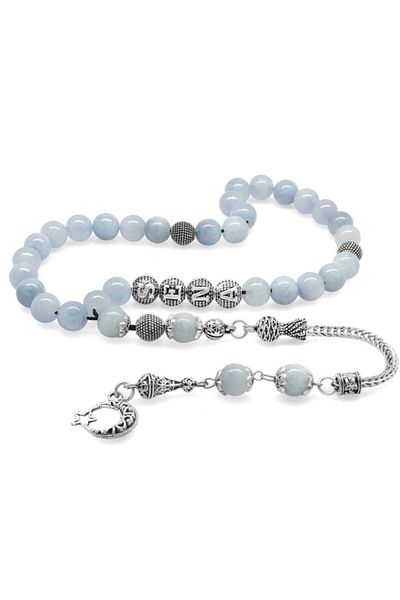 Tesbihane Non-Tarnish Metal Crescent Star Tasseled Globe Cut Aquamarine Natural Stone Rosary