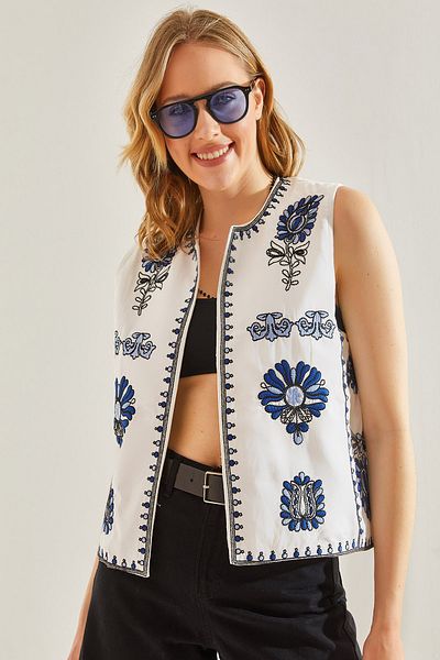 Bianco Lucci Modest Lněná dámská vesta – vyšívaná, Model60181042