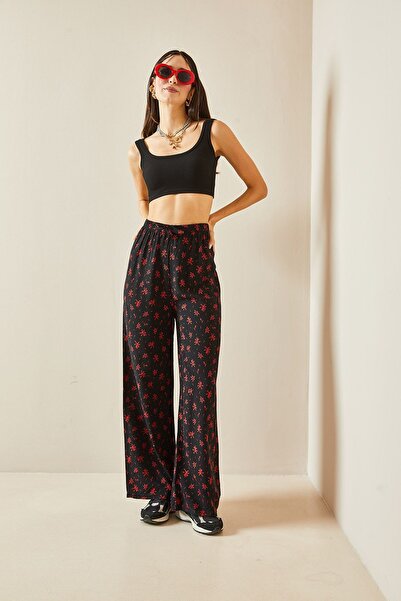 XHAN Siyah Etnik Desenli & Beli Lastikli Bol Paça Pantolon 5YXK5-48214-02