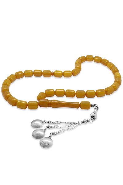 Tesbihane Non-Tarnish Metal Figaro Chain Tasseled Tip Capsule Cut Large Size Honey Colored Crimped Amber Prayer Beads
