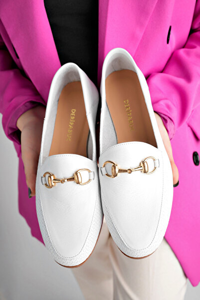 Deripabuc Genuine Leather Print 2 White Women's Leather Ballerinas Pcc-F03