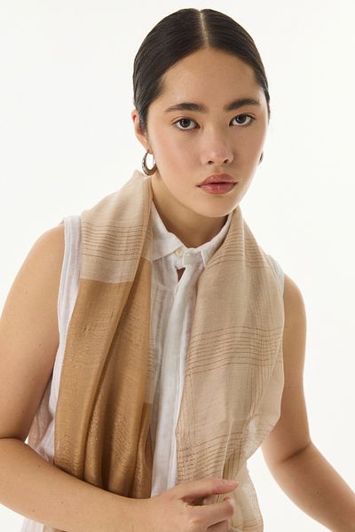 FENZA SCARF Silvia Επιχρυσωμένο Ριγέ Μαλλί Καμήλα Μεταξωτό Σάλι