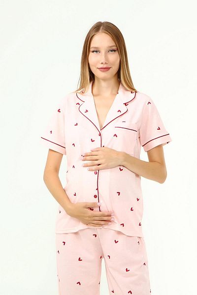 LİKAPA Likapa Combed Cotton Front Buttoned Maternity Short Sleeve Pajama Set, 100% Cotton