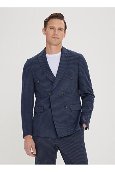 ALTINYILDIZ CLASSICS Altınyıldız Classics Lacivert-Beyaz Erkek Slim Fit Kırlangıç Yaka Çizgili Kruvaze Takım Elbise