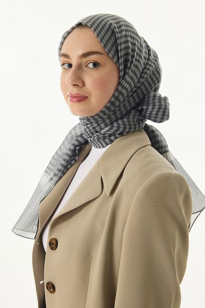FENZA SCARF STELLA - Gray Silk Shal, Gingham Patterned Wool