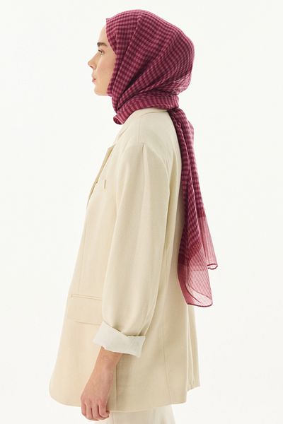 FENZA SCARF Σάλι STELLA Φούξια μάλλινο μεταξωτό με μοτίβο Gingham