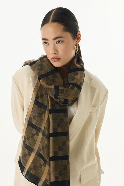 FENZA SCARF Gold Colored VALERY Checkerboard Pattern Wool Silk Shawl