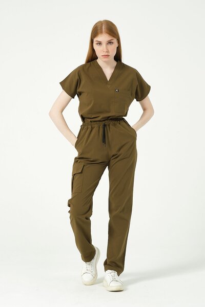 Pratik Medikal Scruburi unisex kaki - buzunar cargo din Lycra, mânecă liliac,...