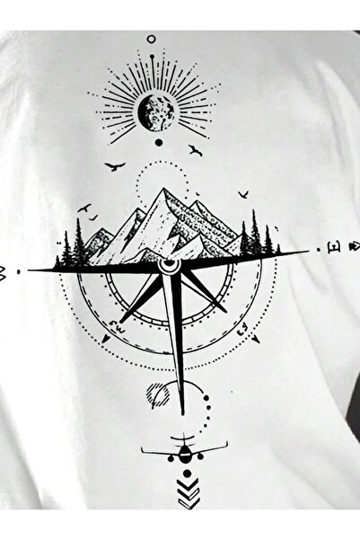 AFROGİYİM Унісекс-пейзажний компас на спині з надрукованою футболкою великого розміру