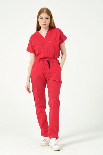 Pratik Medikal Unisex Pomegranate Flower Patterned Lycra Scrubs - Bat Sleeve Cargo Pocket Set
