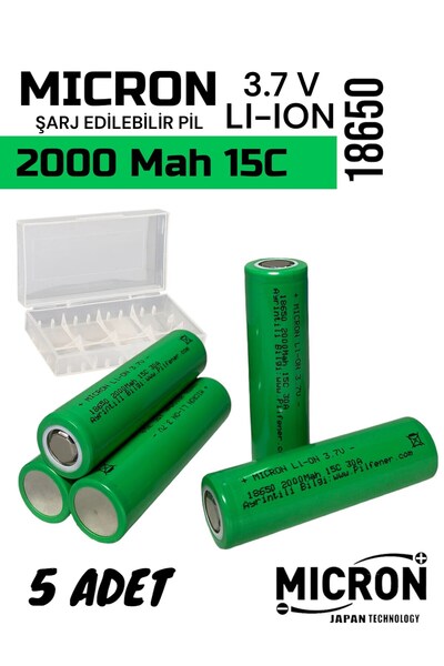 Micron 18650 3.7V (Volt) 2000 MaH(Amper) 15C Lityum Şarj edilebilir 5 Adet Pil(Batarya) Pil Kutusu Hediyeli