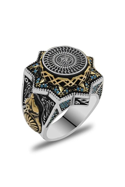 Tesbihane Mavi Kehribar Üzerine Hüsn-i Hat Besmele-i Şerif Yazılı Yıldız Tasarım 925 Ayar Gümüş Erkek Yüzük