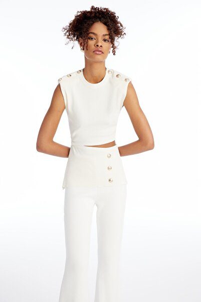 rue Button Detailed Ecru Cut-Out Blouse