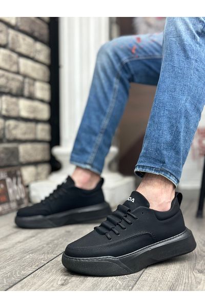 BOA BA0332 Ladder Pattern Lace Up Men's High Sole Black Skin Black Sole Sports Shoes