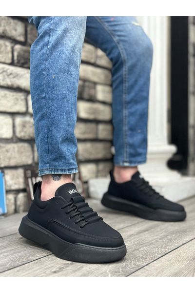 BOA BA0332 Ladder Pattern Lace Up Men's High Sole Black Skin Black Sole Sports Shoes