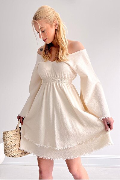 NFS BUTİK فستان بوهيمي من الكتان بتصميم خاص مع خصر مطاطي