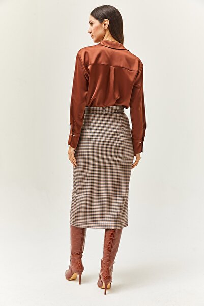 Pulli Collection Καρό σουέντ με σκίσιμο κλασική μίντι φούστα