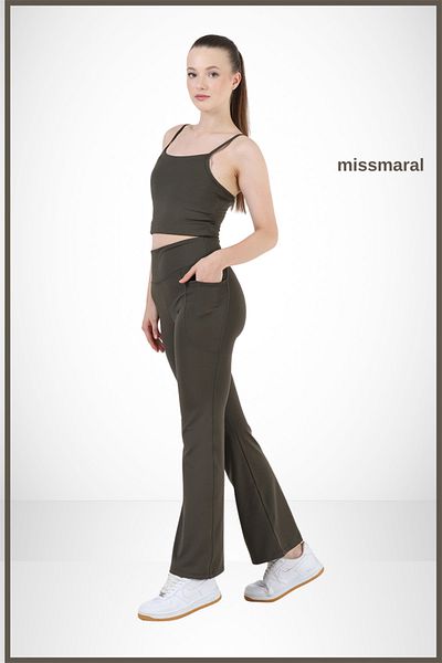 missmaral Γυναικείο κολάν με φουσκωτό πόδι με διπλή τσέπη ψηλόμεσο μποτάκι χακί χρώματος Khaki 105303