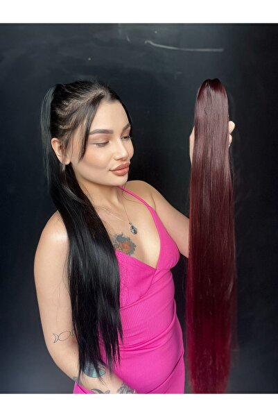 Suzan Peruk Düz Mandallı Tokalı Postiş At Kuyruğu  tak ve çık Koyu Kızıl