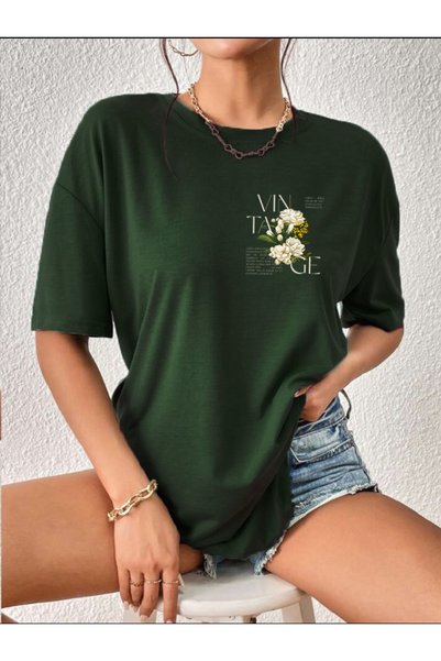 offsidesign Women's Oversize T-Shirt Vintage Flowers Front and Back Printed T-Shirt Short Sleeve Summer Combed Cotton T-Shirt