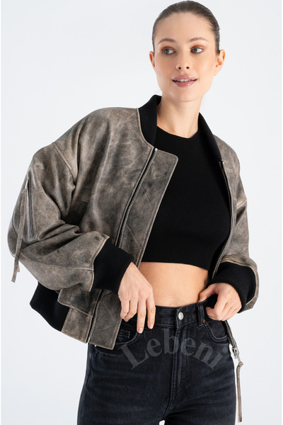 Lebeni Kısa Bomber Deri Ceket - Eskitme Vintage Tarzı Crop Deri Ceket Kadın