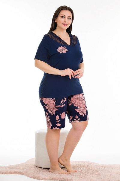 quilling Navy Blue Floral Patterned Plus Size Pajama Set - Lady 10382