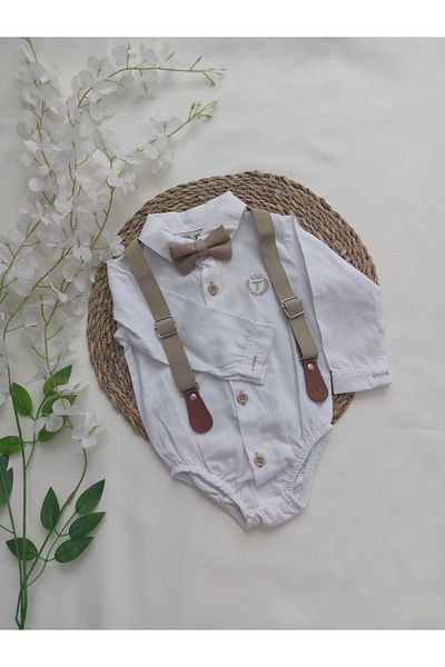 togi طقم بنطال من الكتان مع ربطة عنق مطرزة للأولاد