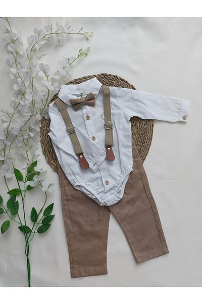 togi طقم بنطال من الكتان مع ربطة عنق مطرزة للأولاد