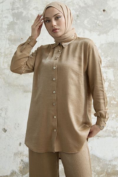 InStyle Shirt Collar Glittered Double Set - Camel