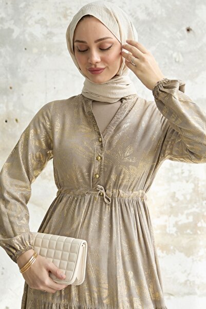 InStyle Gold Çiçek Varaklı Elbise - Vizon