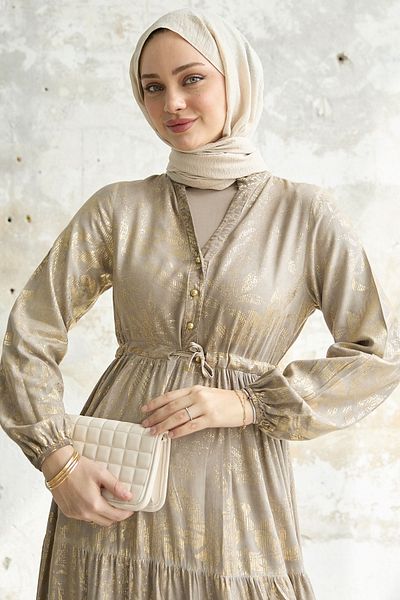 InStyle Χρυσό Floral Δερμάτινο Φόρεμα - Mink