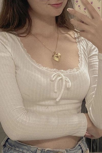 Gofeel Harajuku White Bow Lace Detail Aesthetic Blouse